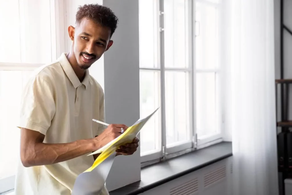 Imagem de um homem vestindo uma camisa polo clara está em pé junto a grandes janelas, sorrindo e segurando uma caneta e um caderno amarelo enquanto escreve. A luz natural ilumina a sala bem iluminada.