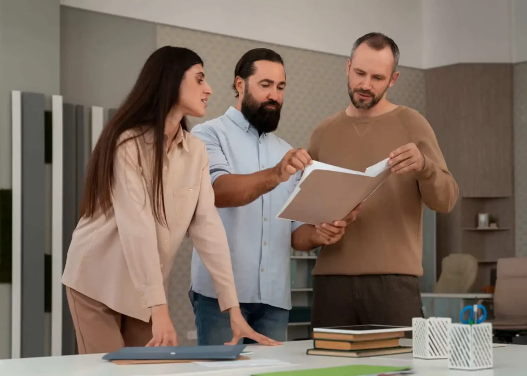 Imagem de três pessoas vestidas com roupas casuais estão em volta de uma mesa, examinando documentos juntas. Dois homens analisam os papéis, enquanto uma mulher se inclina para a frente, observando. Livros e materiais de escritório estão sobre a mesa à frente deles.