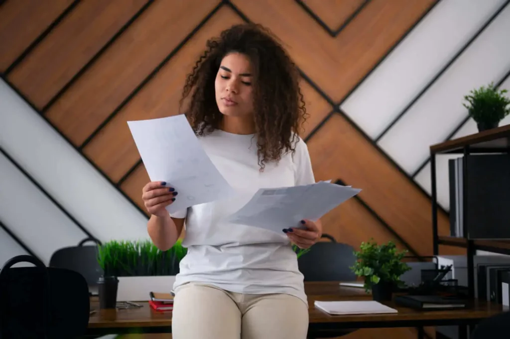 Imagem de uma mulher de cabelos cacheados está sentada em uma mesa, segurando e lendo alguns papéis. Ela veste uma blusa branca e calças bege. Há plantas e materiais de escritório sobre a mesa e nas prateleiras atrás dela.