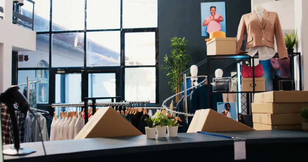 Imagem do interior de uma loja de roupas moderna, com araras cheias de camisas, manequins, jaquetas expostas, bolsas, plantas e grandes janelas que deixam entrar luz natural. Um pôster de uma pessoa está pendurado na parede.